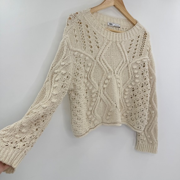 Zara Knit Cropped Sweater Small Cream Pom Pom Open Knit Boho Chic Pullover - Picture 7 of 11